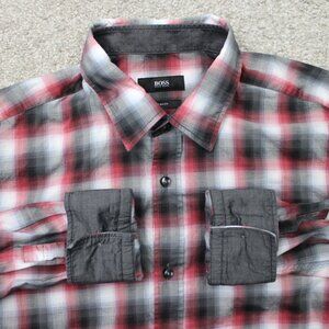 BOSS Hugo Boss Shirt Mens Medium Red/Black Ronni_2 Slim Fit Flip Cuff Cotton L/S